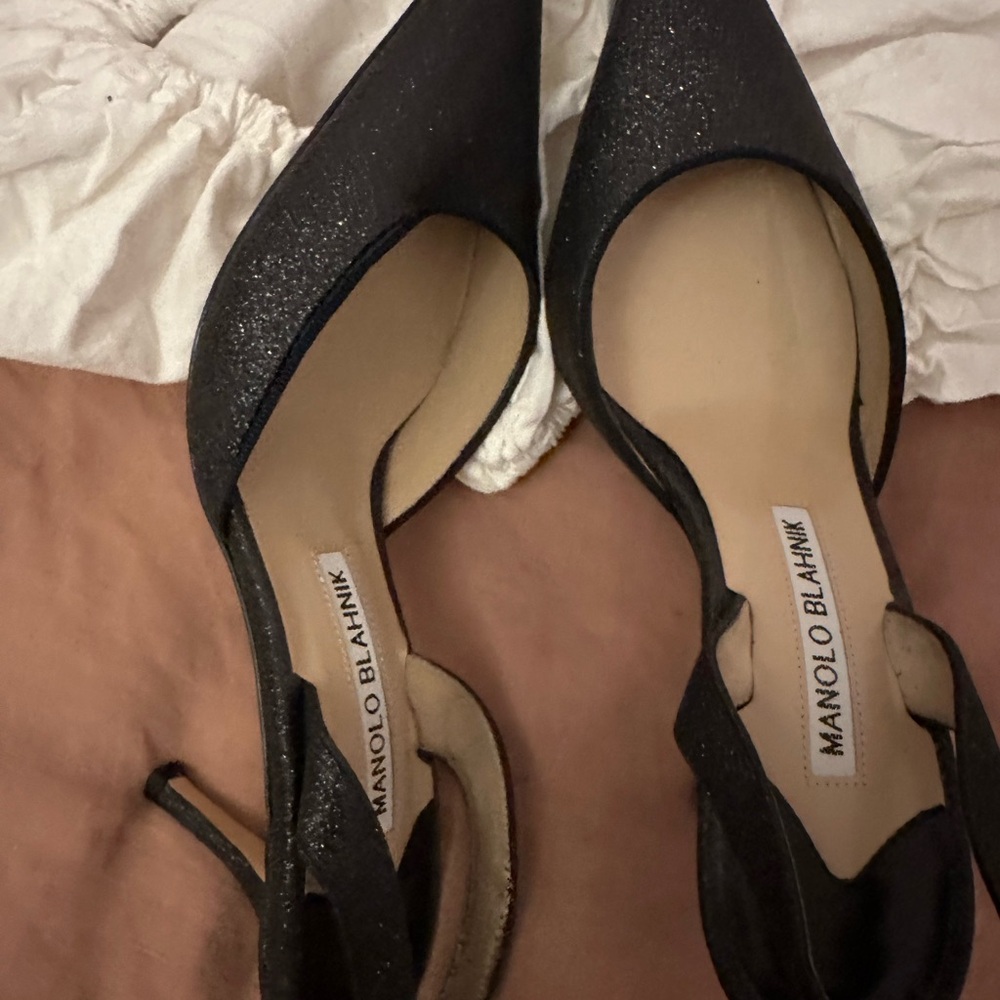Manolo Blahnik Carolyne Low Heel Women's Slingback Pumps Black Glitter EU 35.5 - Picture 3 of 6